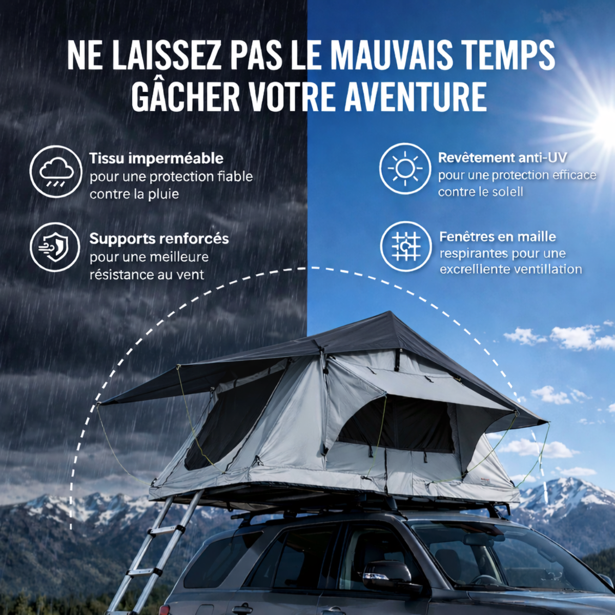 Tente de Toit Extensible 3 Places pour Voiture – Gris