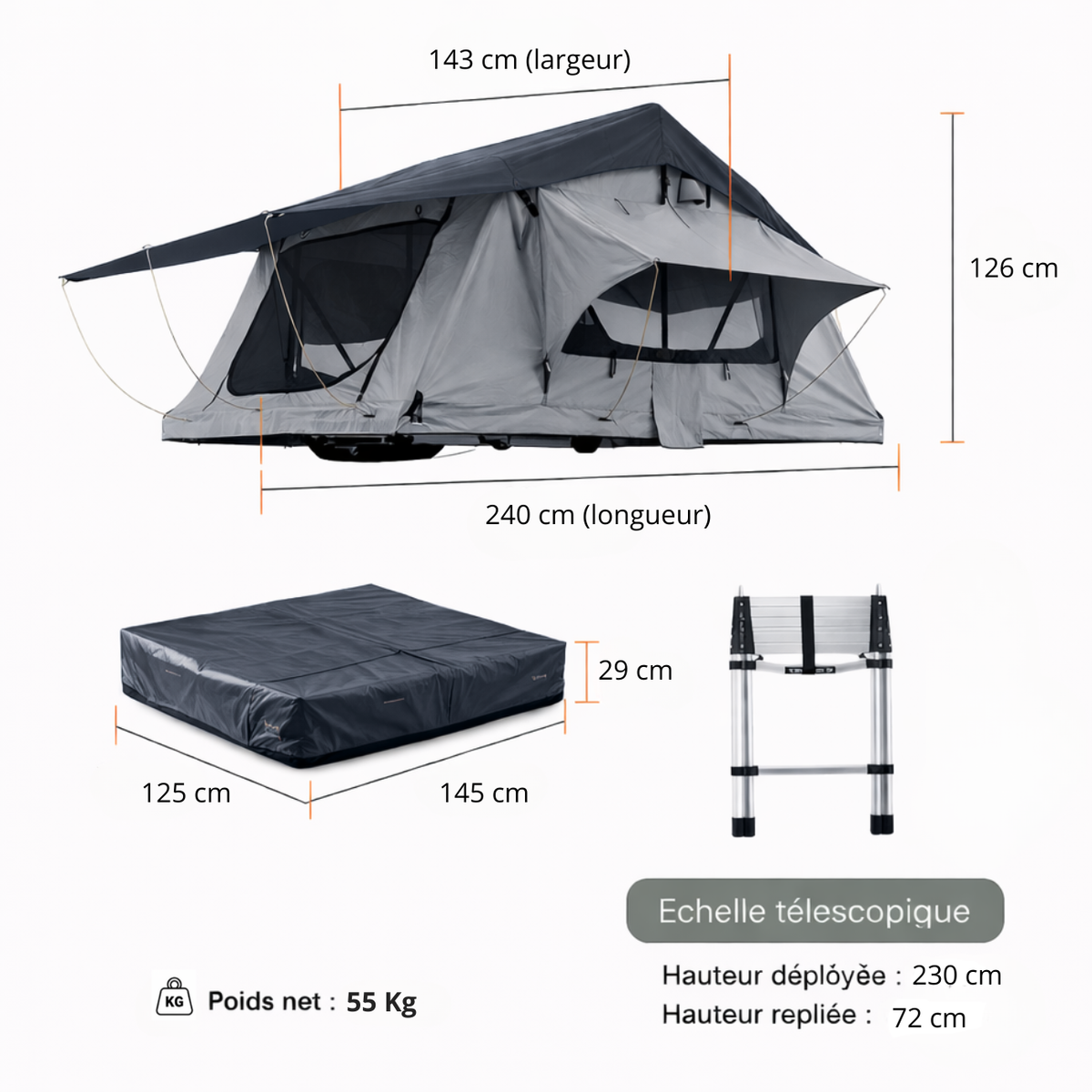 Tente de Toit Extensible 3 Places pour Voiture – Gris