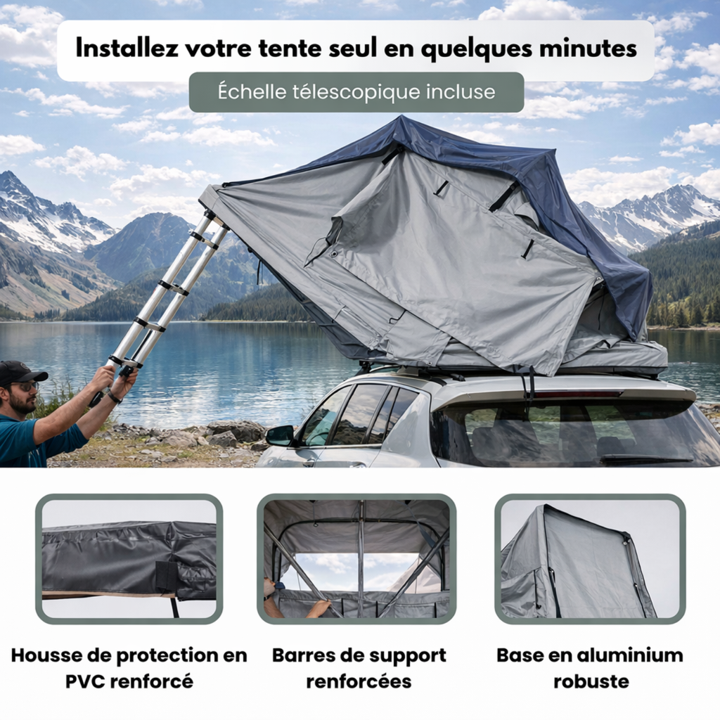 Tente de Toit Extensible 3 Places pour Voiture – Gris