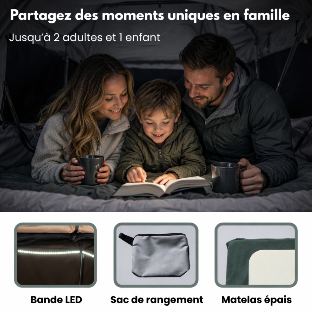 Tente de Toit Extensible 3 Places pour Voiture – Gris