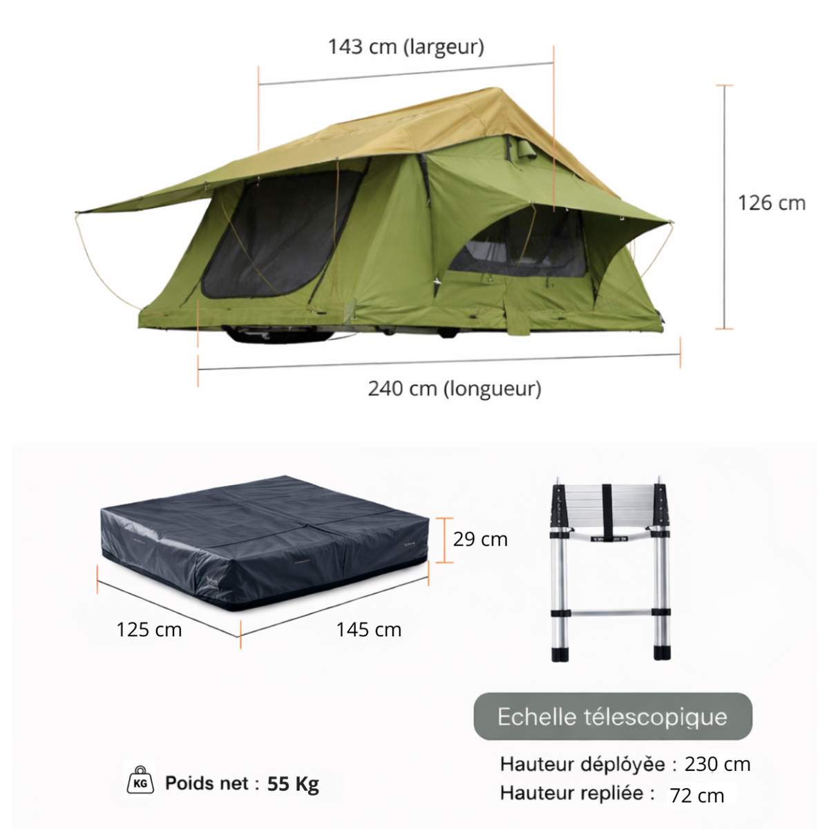 Tente de Toit Extensible 3 Places pour Voiture – Vert