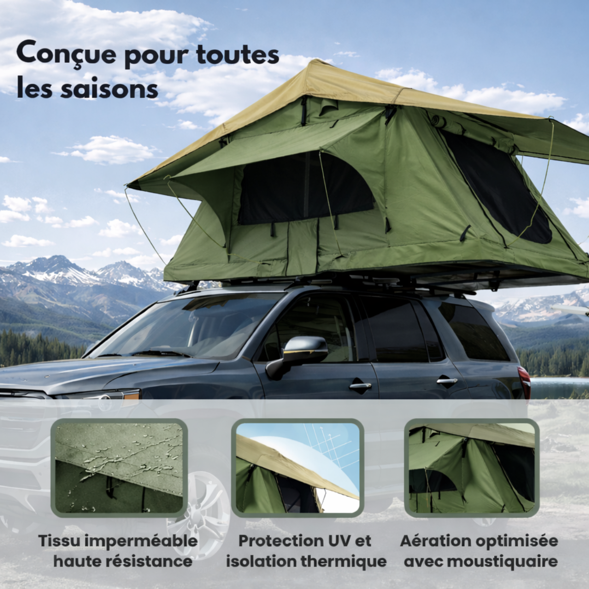 Tente de Toit Extensible 3 Places pour Voiture – Vert